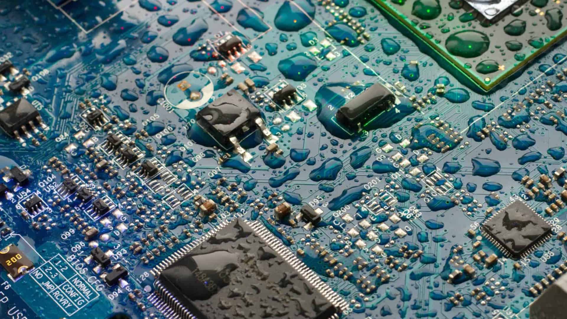 Close-up of a wet electronic circuit board with water droplets covering various components and connections.