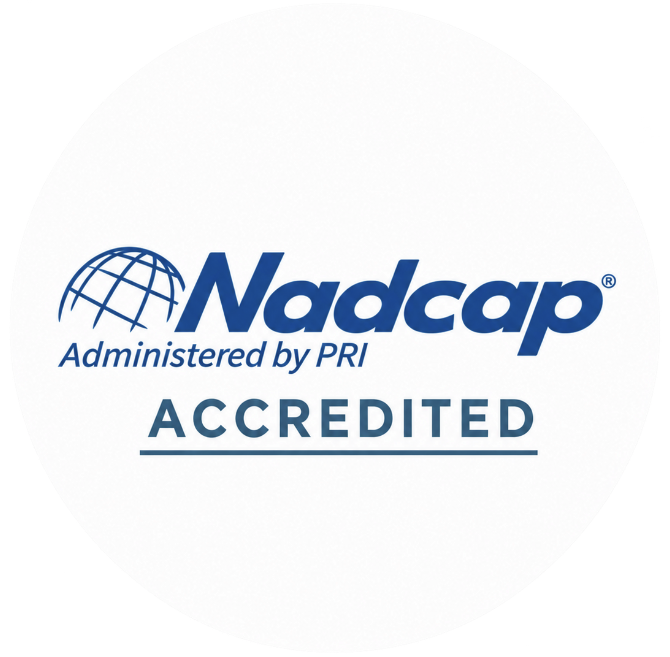 Nadcap Accredited logo with a globe icon and the text “Administered by PRI.”