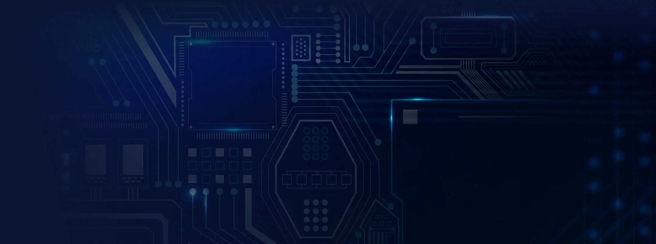 Dark blue circuit board pattern with various lines, squares, and electronic components, illuminated by soft light accents.